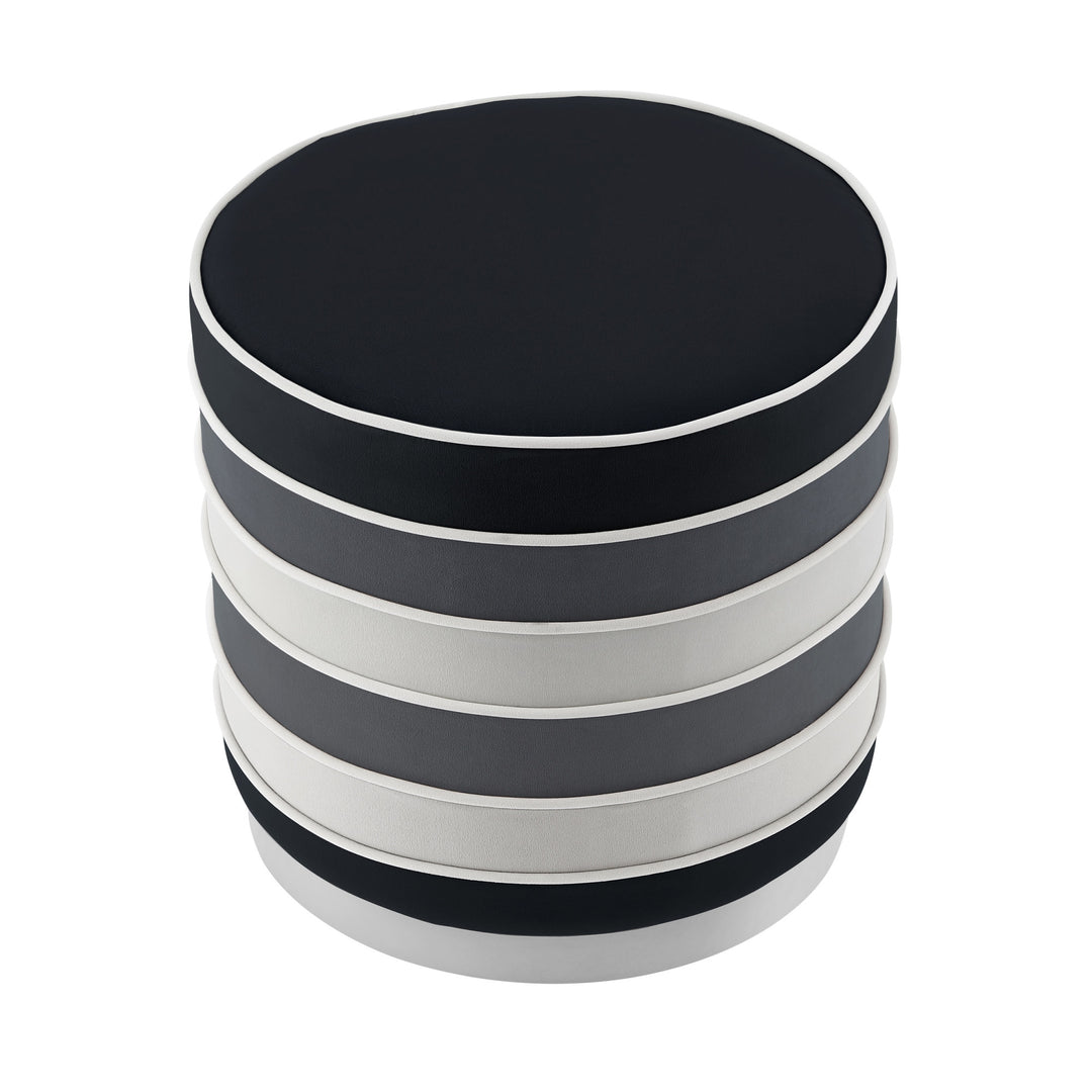 18" Black Velvet And Silver Round Striped Ottoman