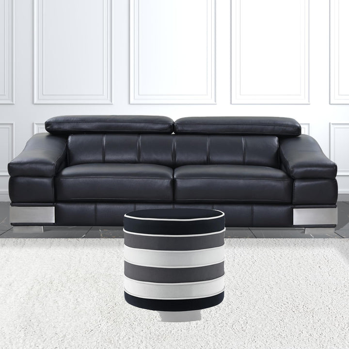 18" Black Velvet And Silver Round Striped Ottoman