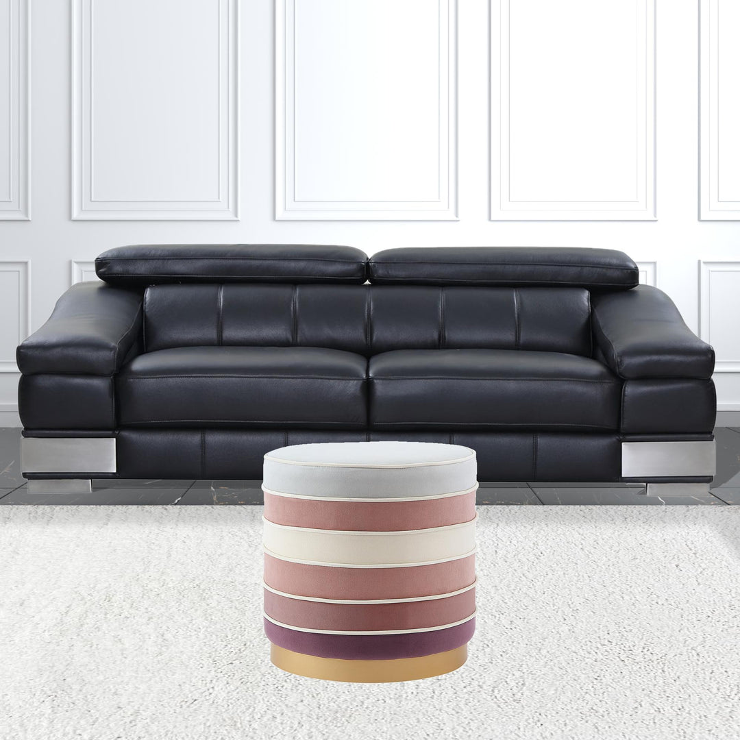 18" Blush Velvet And Gold Round Striped Ottoman