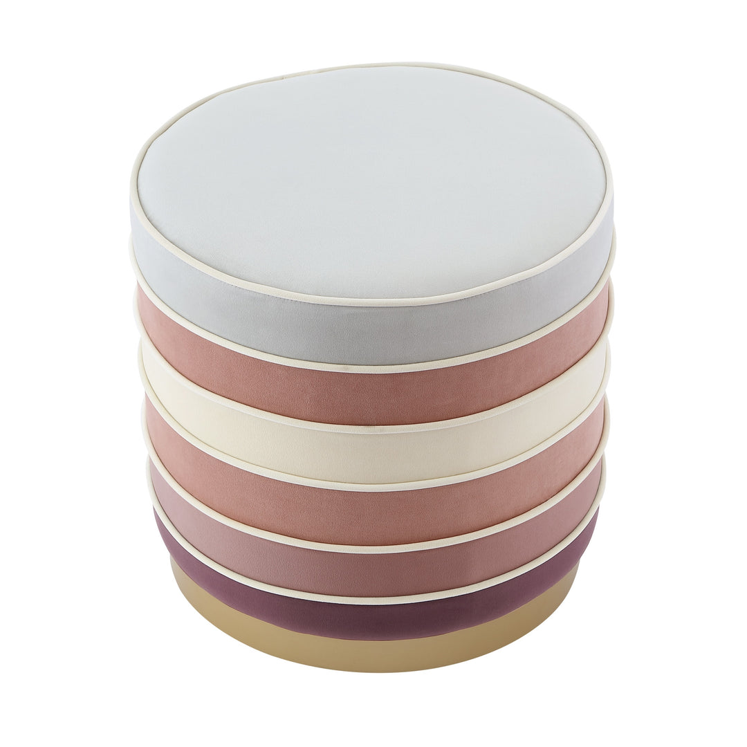 18" Blush Velvet And Gold Round Striped Ottoman