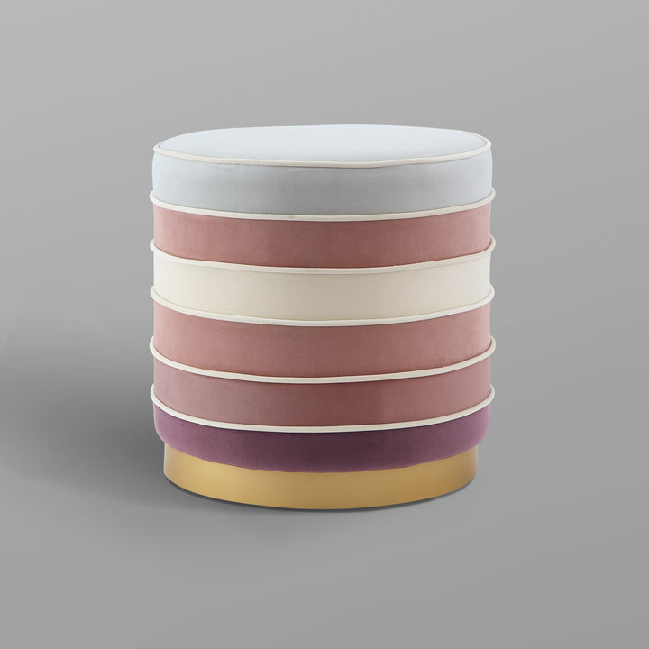 18" Blush Velvet And Gold Round Striped Ottoman