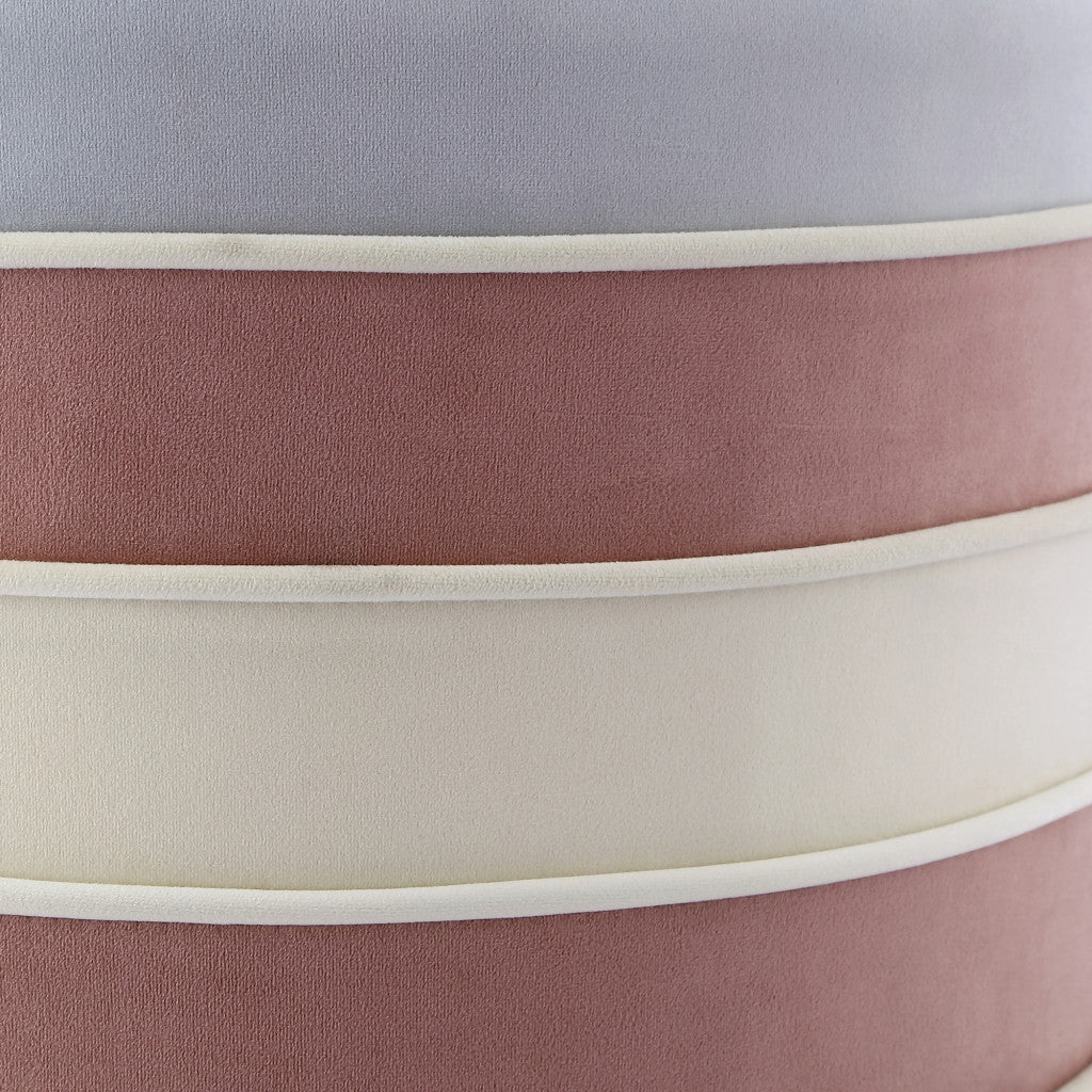 18" Blush Velvet And Gold Round Striped Ottoman