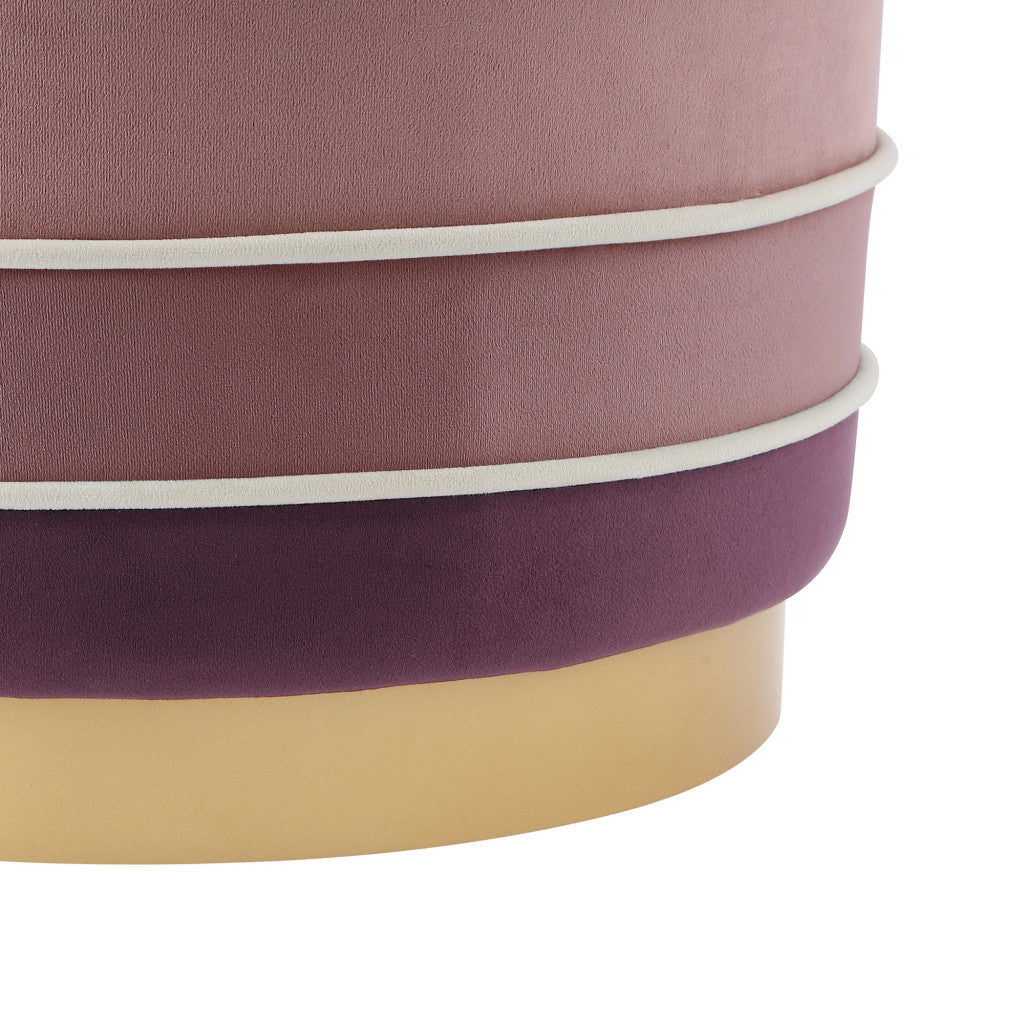 18" Blush Velvet And Gold Round Striped Ottoman