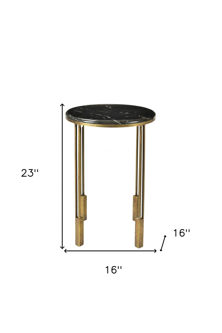 23" Gold And Black Marble And Iron Round End Table