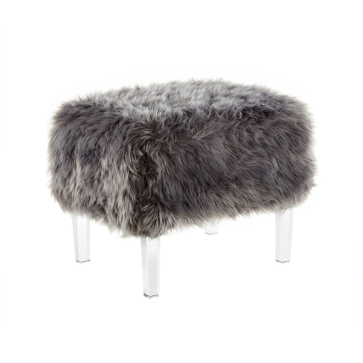 19" Gray Faux Fur And Clear Ottoman