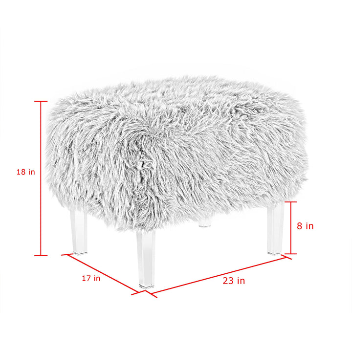 19" Gray Faux Fur And Clear Ottoman