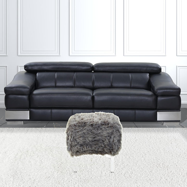 19" Gray Faux Fur And Clear Ottoman