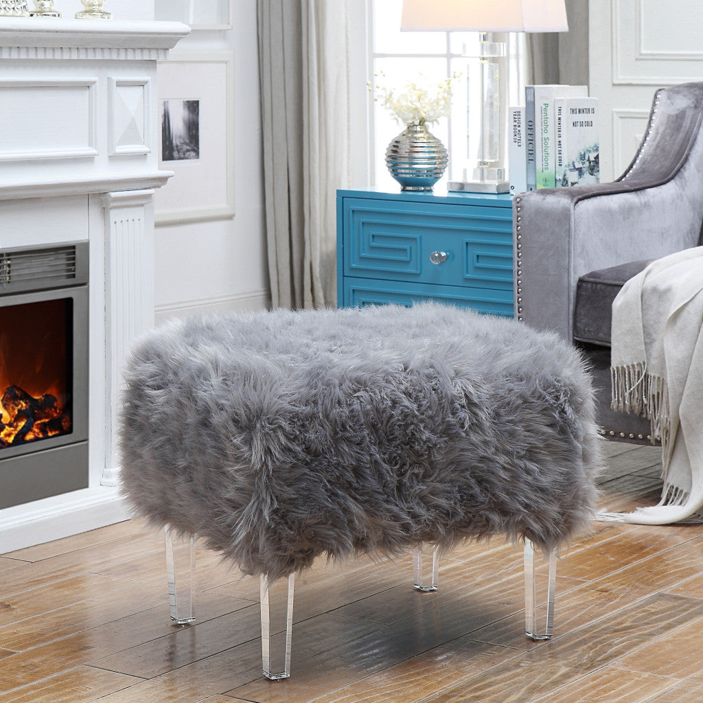 19" Gray Faux Fur And Clear Ottoman