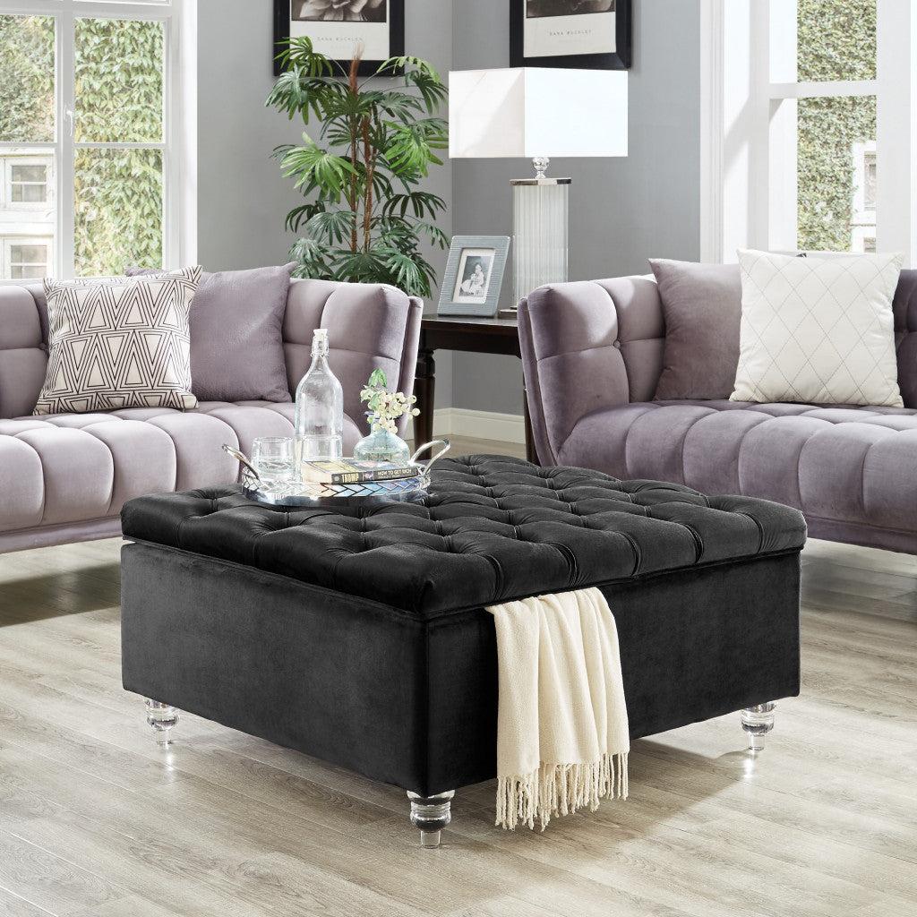 36" Black Velvet And Clear Tufted Storage