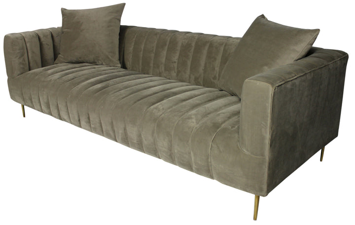 90" Gray Brown Velvet And Gold Sofa And Toss Pillows