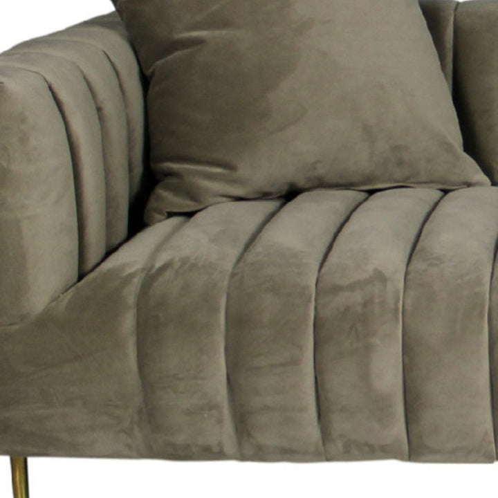 90" Gray Brown Velvet And Gold Sofa And Toss Pillows