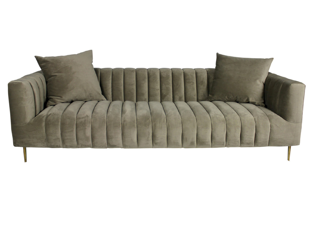 90" Gray Brown Velvet And Gold Sofa And Toss Pillows