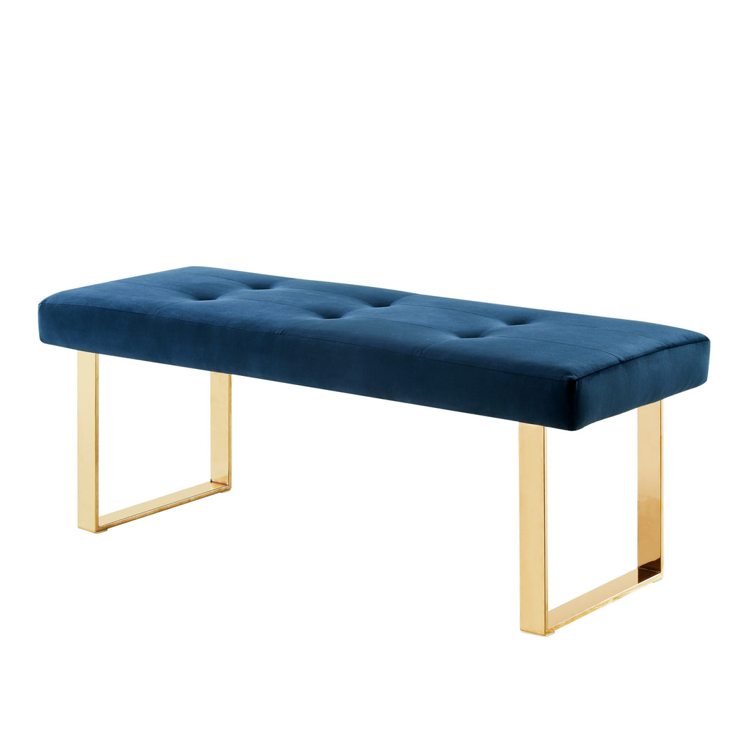 48" Navy Blue And Gold Upholstered Velvet Bench