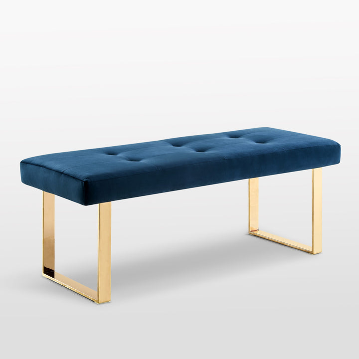 48" Navy Blue And Gold Upholstered Velvet Bench