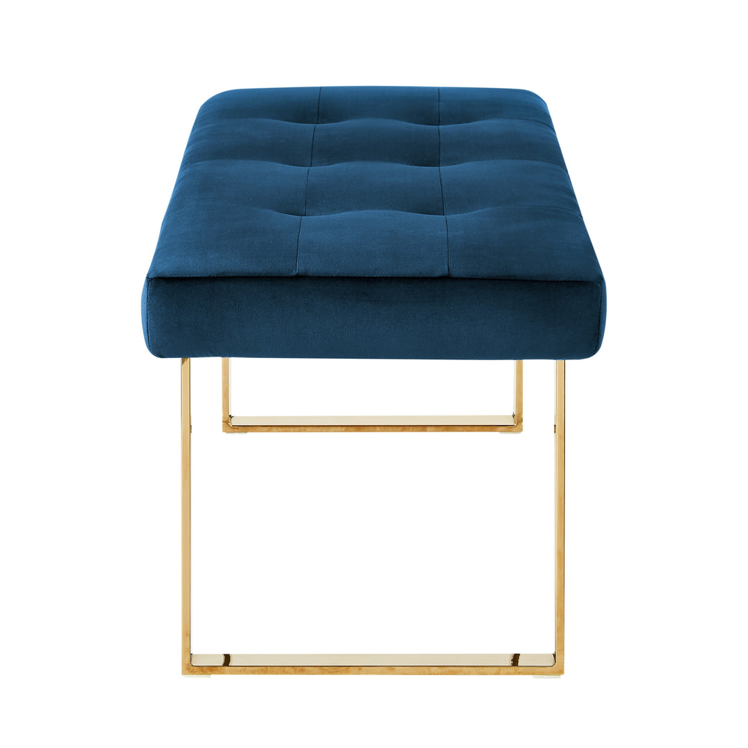 48" Navy Blue And Gold Upholstered Velvet Bench