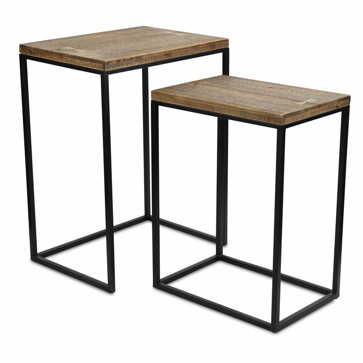 Set Of Two 24" Black And Brown Solid Wood And Steel Rectangular Nested Tables