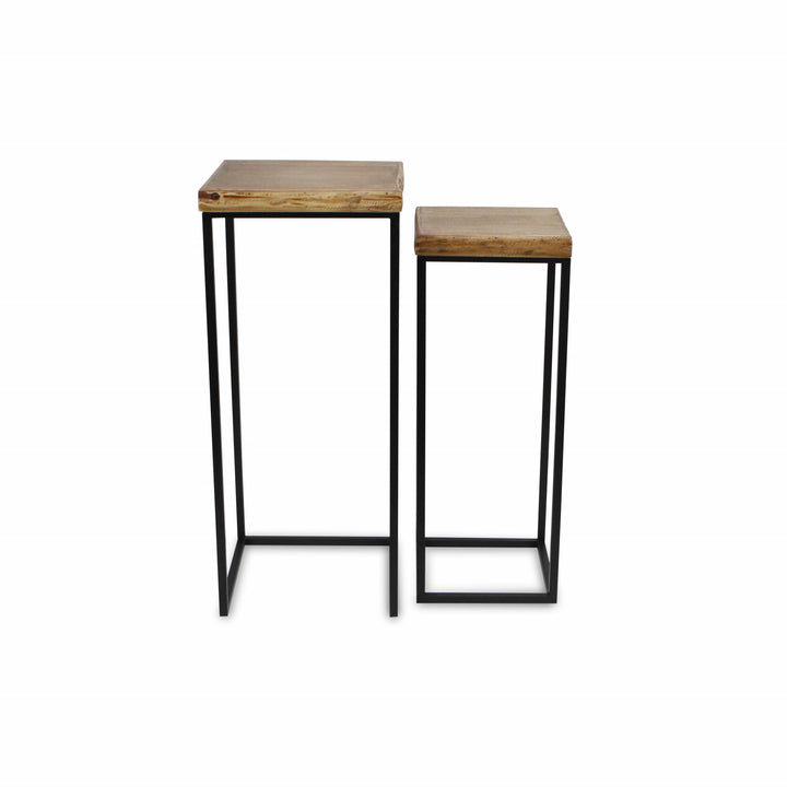 Set Of Two 29" Black And Brown Solid Wood And Steel Square Nested Tables