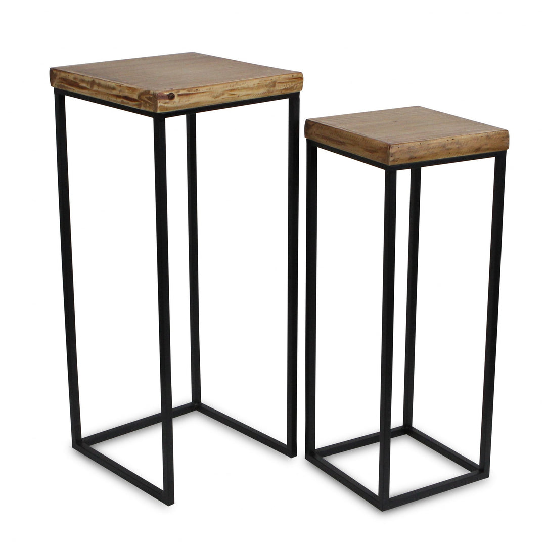 Set Of Two 29" Black And Brown Solid Wood And Steel Square Nested Tables