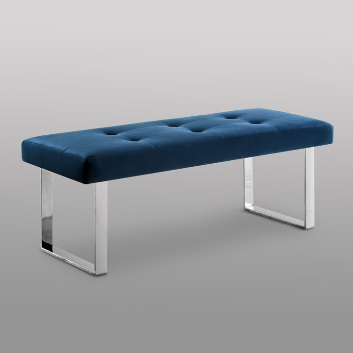 48" Navy Blue And Silver Upholstered Velvet Bench