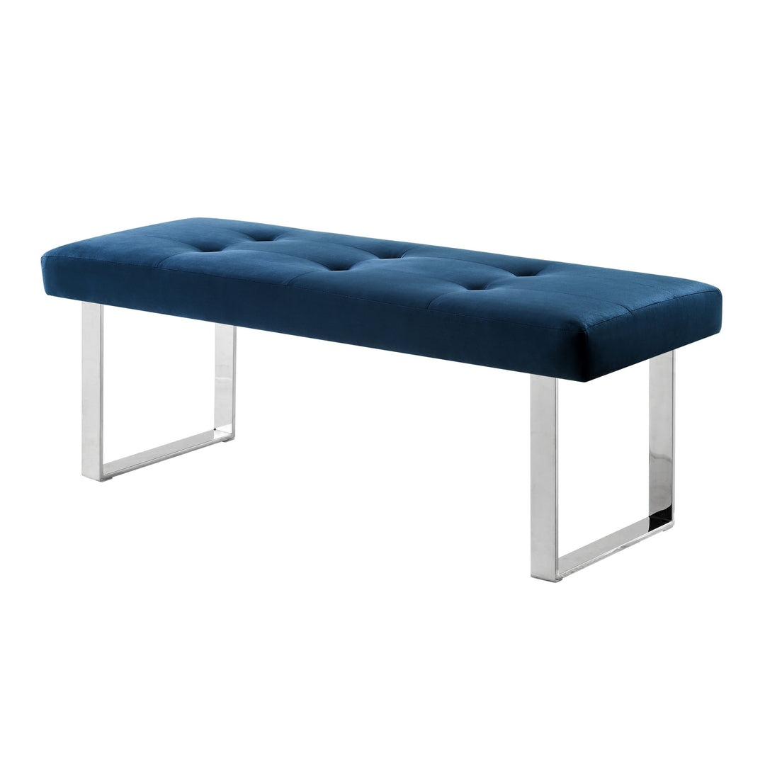 48" Navy Blue And Silver Upholstered Velvet Bench