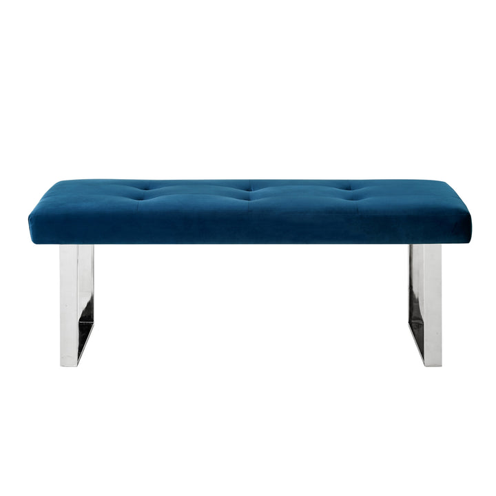 48" Navy Blue And Silver Upholstered Velvet Bench