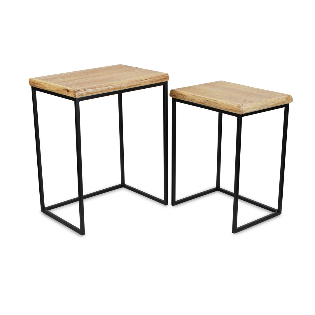 Set Of Two 25" Black And Brown Solid Wood And Steel Rectangular Nested Tables