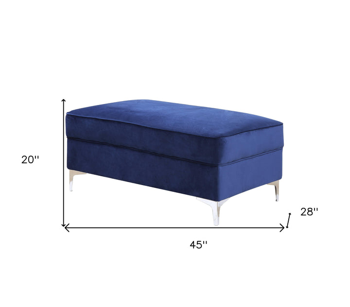 45" Blue Velvet And Silver Ottoman