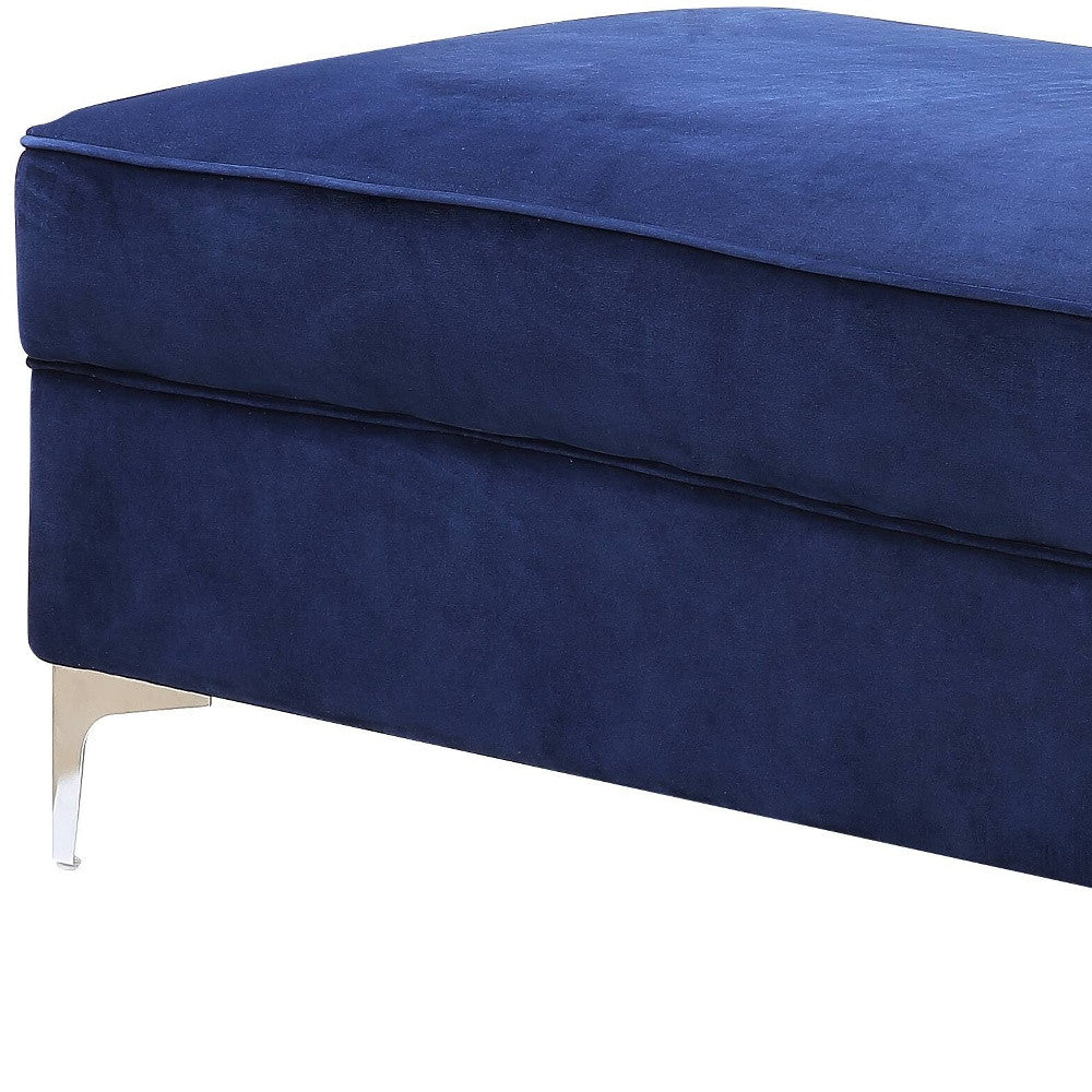 45" Blue Velvet And Silver Ottoman