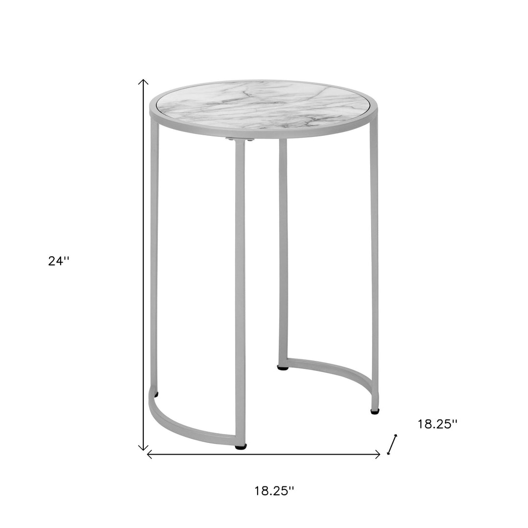 24" Silver And White Faux Marble Round End Table