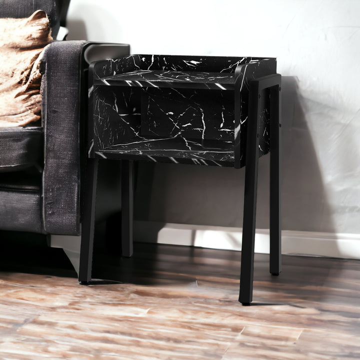 23" Black Faux Marble End Table With Shelf