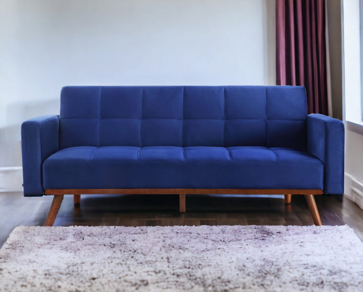 76" Blue Velvet And NAtural Sleeper Sofa