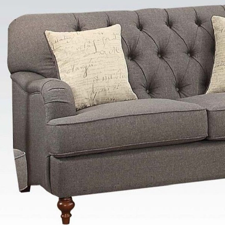 61" Dark Gray And Brown Linen Curved Loveseat and Toss Pillows