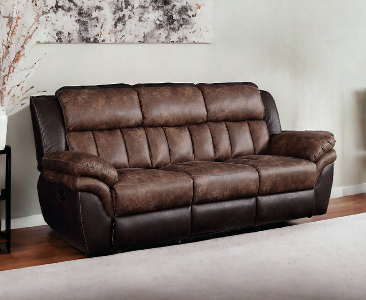 91" Espresso And Black Microfiber Reclining Sofa