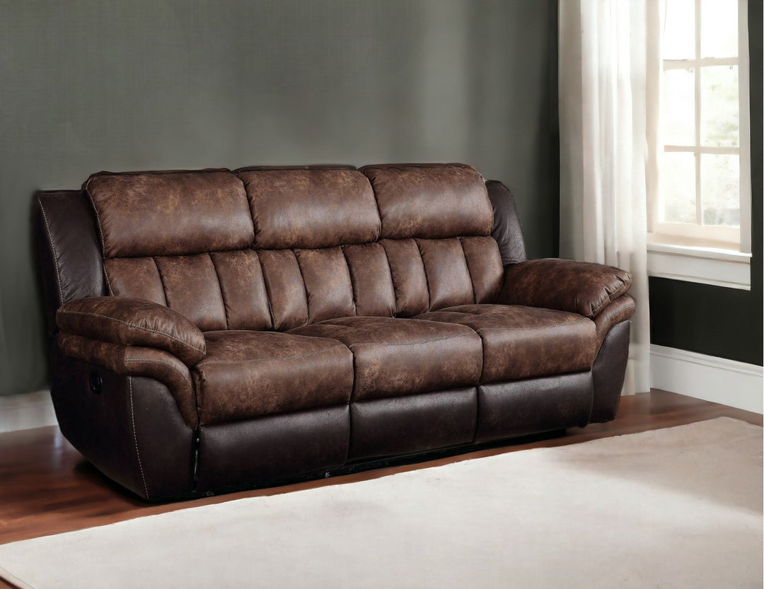 91" Espresso And Black Microfiber Reclining Sofa