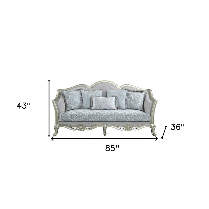 85" Light Gray And Champagne Linen Sofa And Toss Pillows