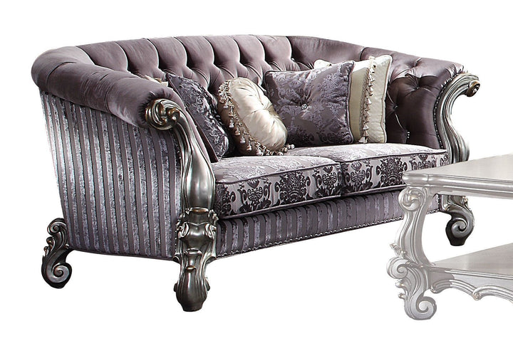 76" Purple And Platinum Velvet Loveseat and Toss Pillows