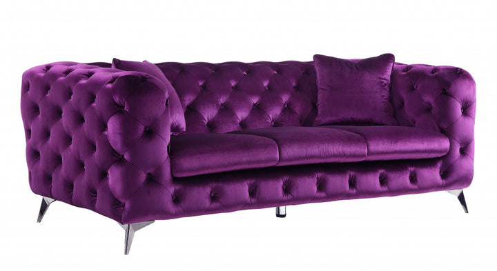 90" Purple And Silver Velvet Sofa