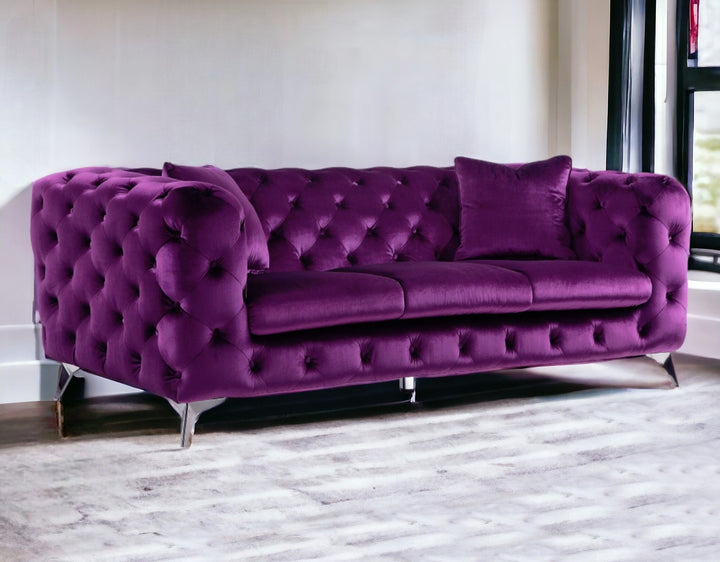 90" Purple And Silver Velvet Sofa