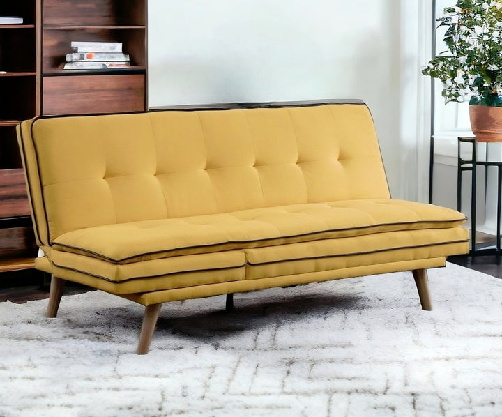 72" Yellow Linen And Brown Sofa