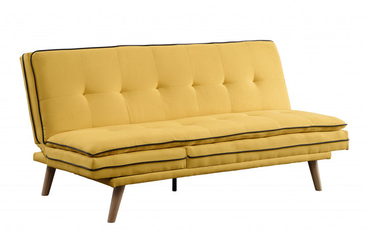 72" Yellow Linen And Brown Sofa