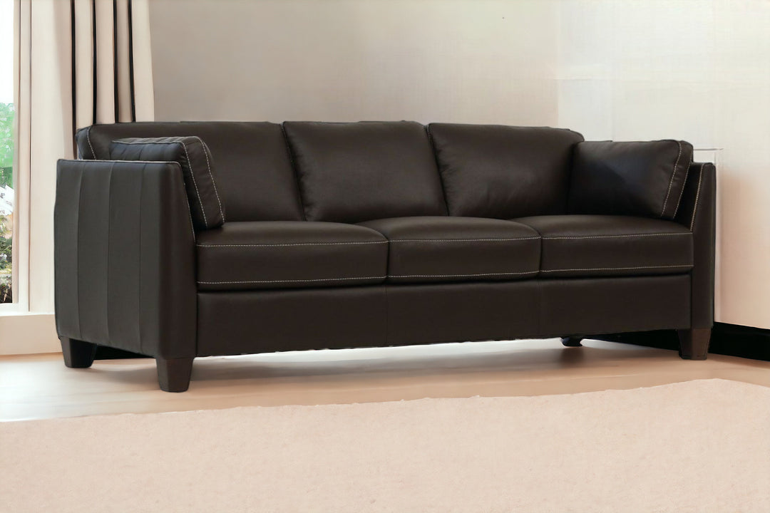 81" Chocolate Leather And Black Sofa