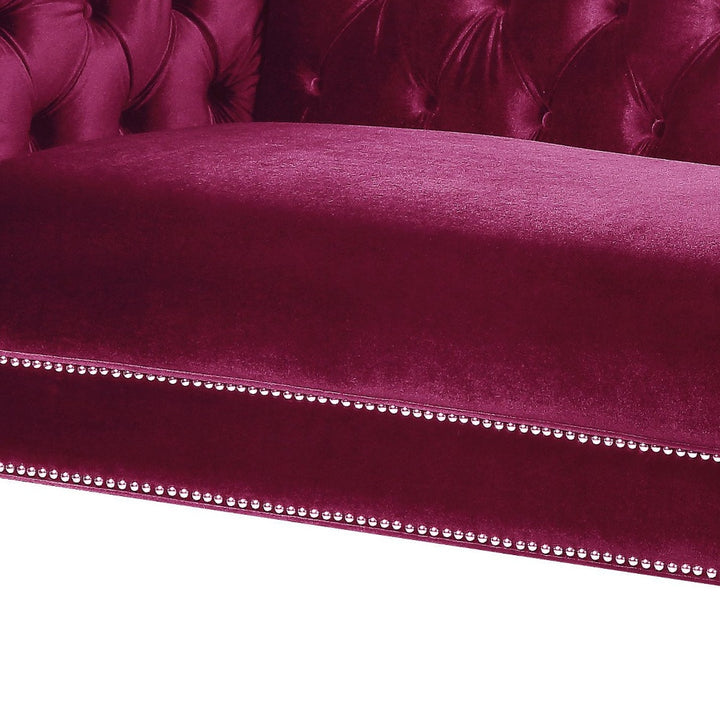 89" Burgundy And Clear Velvet Sofa And Toss Pillows