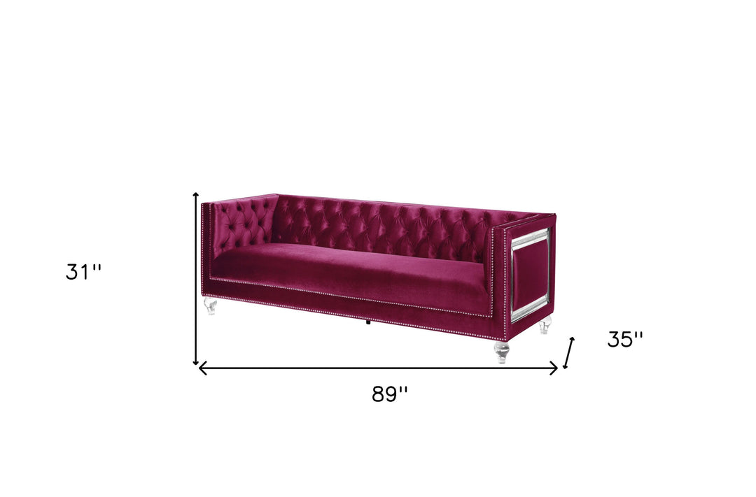 89" Burgundy And Clear Velvet Sofa And Toss Pillows