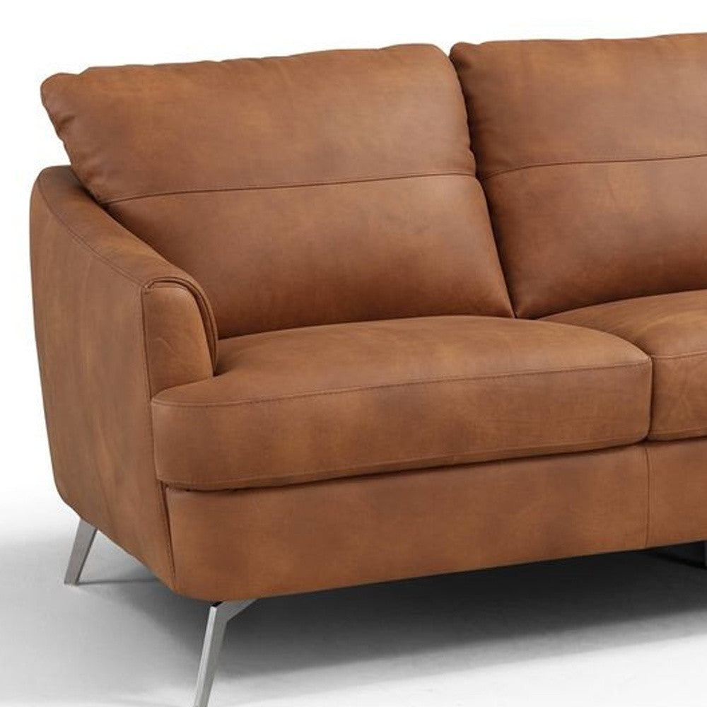 81" Camel Leather And Black Sofa