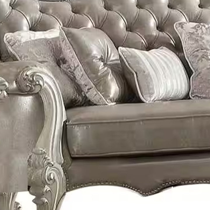 90" Vintage Gray Faux Leather And Bone Sofa With Seven Toss Pillows