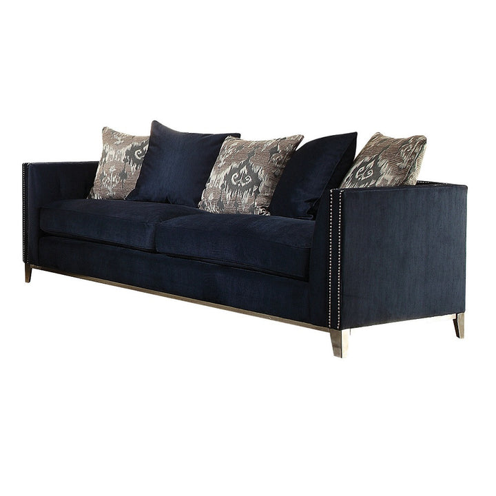 95" Blue And Silver Velvet Sofa And Toss Pillows