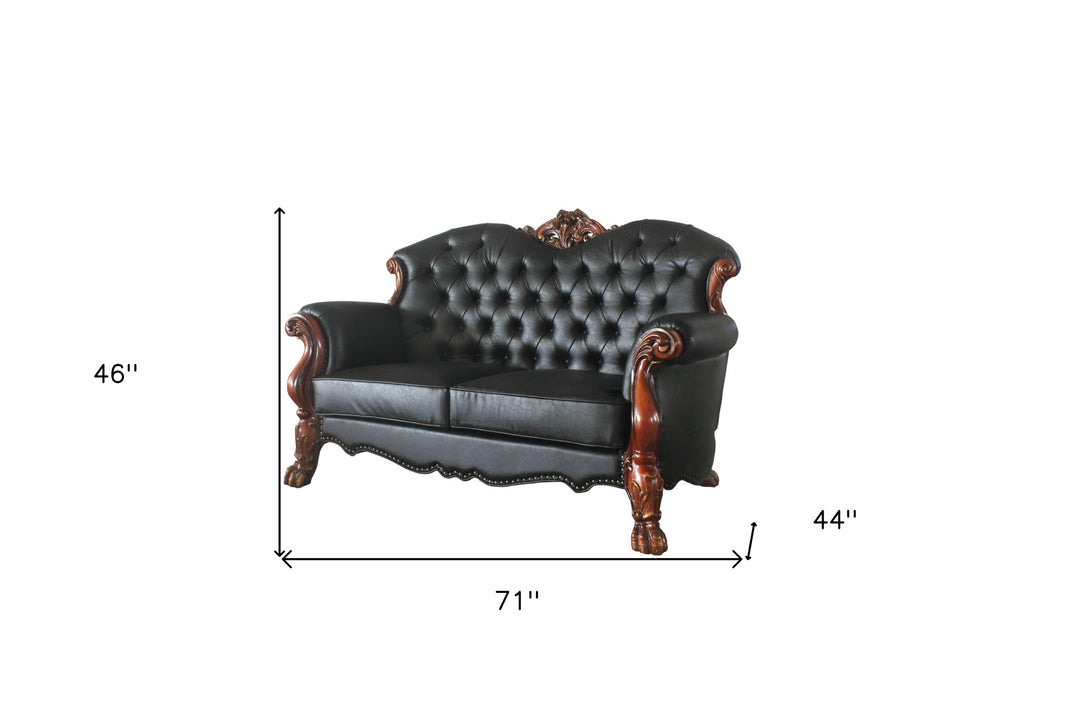 71" Black And Brown Faux Leather Loveseat and Toss Pillows