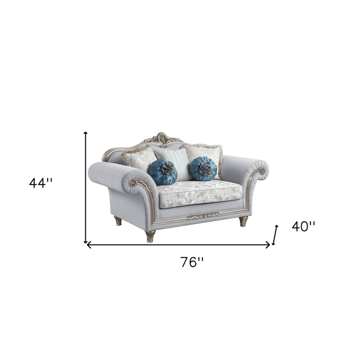 76" Light Gray And Platinum Linen Loveseat and Toss Pillows