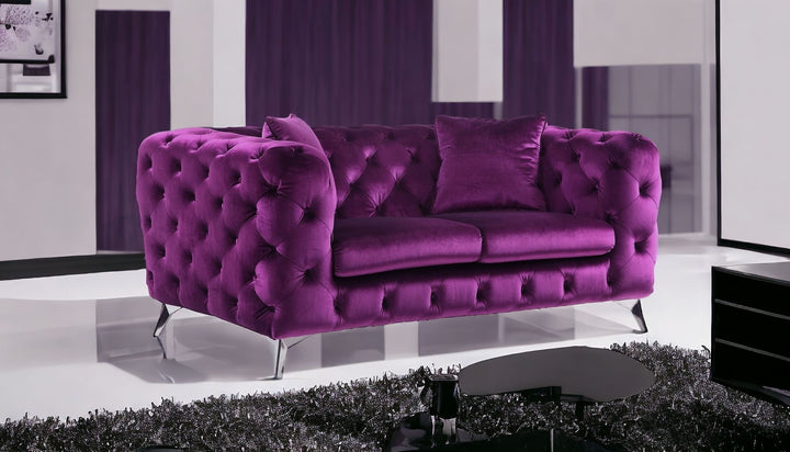 72" Purple And Silver Velvet Loveseat