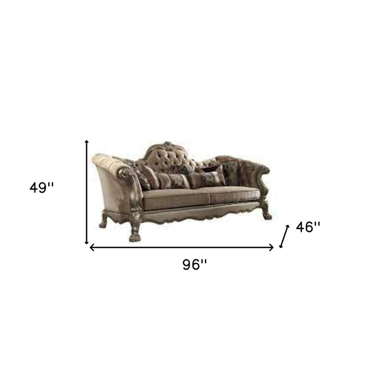 96" Bone Polyurethane, Velvet And Gold Sofa With Seven Toss Pillows